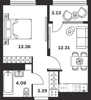 1-к квартира, вторичка, 36м2, 3/15 этаж