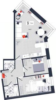 3-к квартира, строящийся дом, 72м2, 12/14 этаж