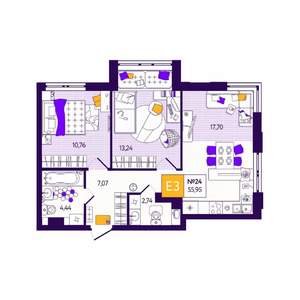 2-к квартира, вторичка, 56м2, 2/12 этаж