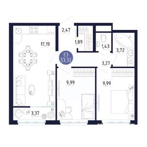 2-к квартира, строящийся дом, 53м2, 5/25 этаж