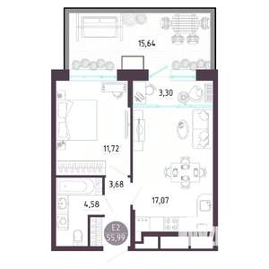 1-к квартира, строящийся дом, 56м2, 1/10 этаж