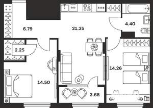 2-к квартира, вторичка, 67м2, 1/15 этаж