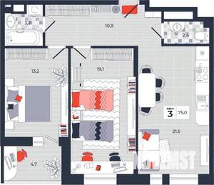 3-к квартира, строящийся дом, 75м2, 10/14 этаж
