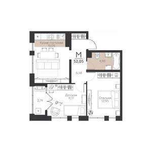 2-к квартира, строящийся дом, 52м2, 4/5 этаж