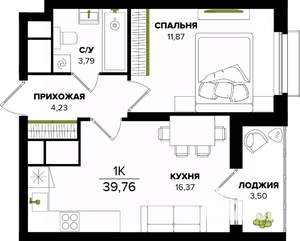 1-к квартира, строящийся дом, 40м2, 22/25 этаж