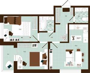 3-к квартира, строящийся дом, 56м2, 3/14 этаж