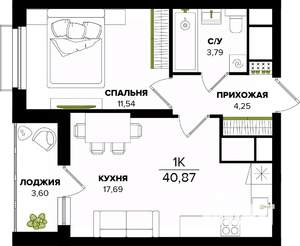 1-к квартира, строящийся дом, 41м2, 2/25 этаж
