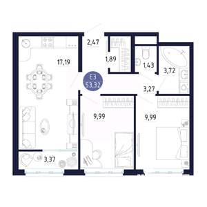 2-к квартира, строящийся дом, 53м2, 9/25 этаж