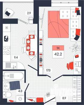 1-к квартира, строящийся дом, 42м2, 2/14 этаж