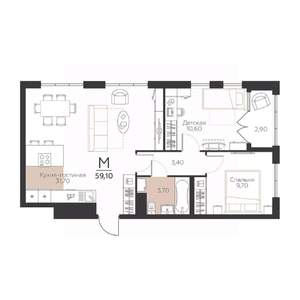 2-к квартира, строящийся дом, 59м2, 1/5 этаж