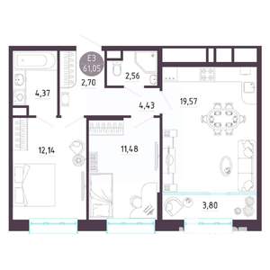 2-к квартира, строящийся дом, 61м2, 9/10 этаж
