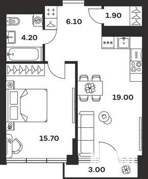 1-к квартира, вторичка, 50м2, 3/9 этаж