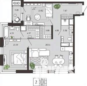 2-к квартира, вторичка, 89м2, 5/21 этаж