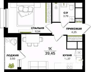 1-к квартира, строящийся дом, 39м2, 22/25 этаж