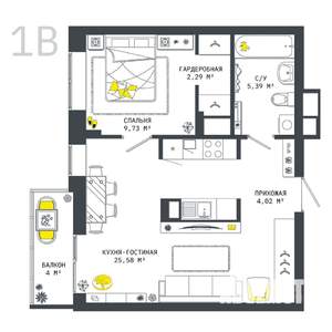 1-к квартира, вторичка, 51м2, 15/25 этаж