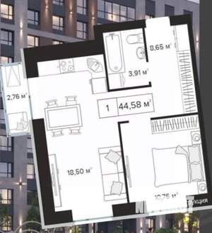 1-к квартира, сданный дом, 45м2, 4/10 этаж