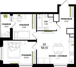 2-к квартира, строящийся дом, 56м2, 20/25 этаж