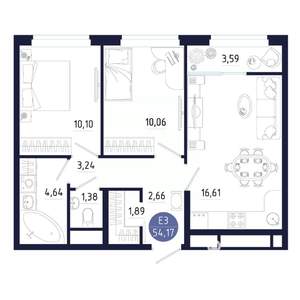 2-к квартира, строящийся дом, 54м2, 16/25 этаж