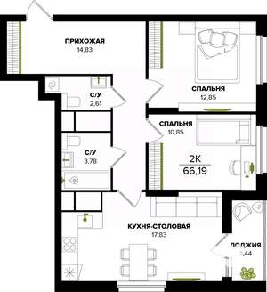 2-к квартира, вторичка, 66м2, 13/25 этаж