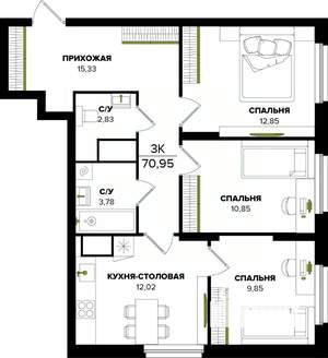 3-к квартира, вторичка, 71м2, 23/25 этаж