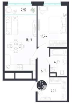 1-к квартира, строящийся дом, 48м2, 2/8 этаж