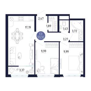 2-к квартира, строящийся дом, 53м2, 4/25 этаж
