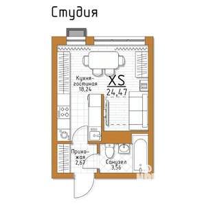 1-к квартира, строящийся дом, 24м2, 3/5 этаж