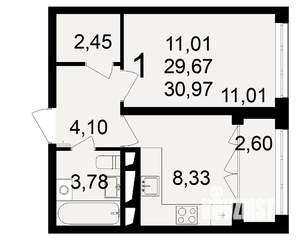 1-к квартира, строящийся дом, 30м2, 4/18 этаж