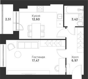 1-к квартира, вторичка, 43м2, 2/5 этаж
