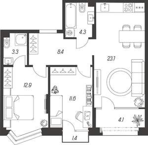 3-к квартира, строящийся дом, 70м2, 12/24 этаж