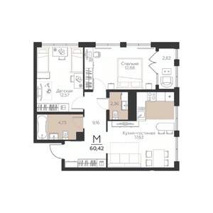 2-к квартира, строящийся дом, 60м2, 5/5 этаж
