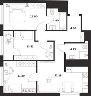 3-к квартира, строящийся дом, 72м2, 18/25 этаж