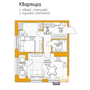 1-к квартира, вторичка, 48м2, 5/5 этаж