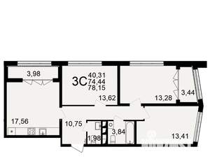 3-к квартира, строящийся дом, 74м2, 17/18 этаж