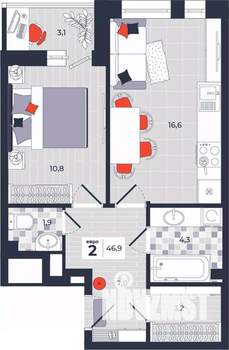 2-к квартира, вторичка, 47м2, 2/14 этаж