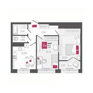 2-к квартира, вторичка, 52м2, 9/22 этаж