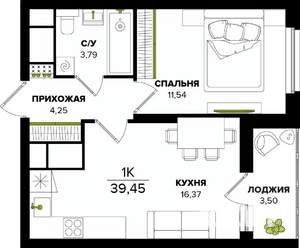 1-к квартира, строящийся дом, 39м2, 22/25 этаж