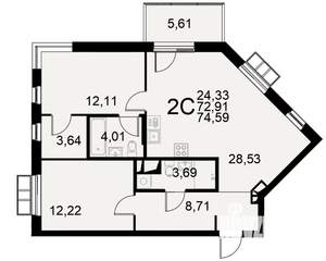 2-к квартира, строящийся дом, 73м2, 3/11 этаж