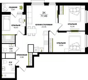 3-к квартира, вторичка, 77м2, 7/25 этаж