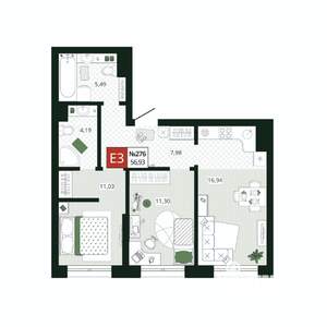 2-к квартира, вторичка, 57м2, 9/19 этаж