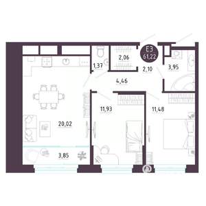 2-к квартира, вторичка, 61м2, 6/10 этаж