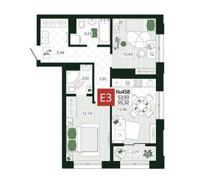 2-к квартира, вторичка, 55м2, 7/19 этаж