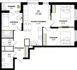 3-к квартира, строящийся дом, 77м2, 22/25 этаж