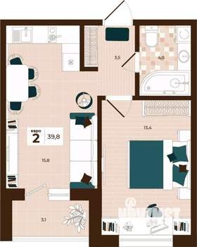 2-к квартира, строящийся дом, 40м2, 10/14 этаж