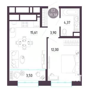1-к квартира, строящийся дом, 39м2, 9/10 этаж