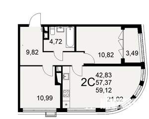 2-к квартира, строящийся дом, 59м2, 2/16 этаж