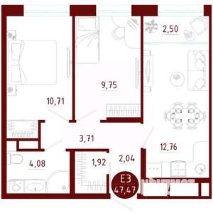 2-к квартира, вторичка, 47м2, 10/10 этаж