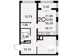 2-к квартира, вторичка, 55м2, 6/25 этаж