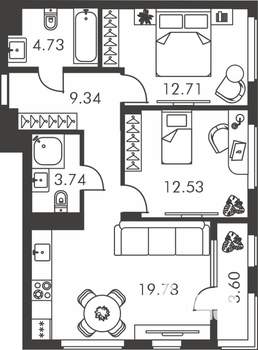 2-к квартира, вторичка, 66м2, 4/9 этаж