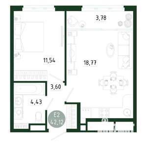 1-к квартира, строящийся дом, 42м2, 20/25 этаж
